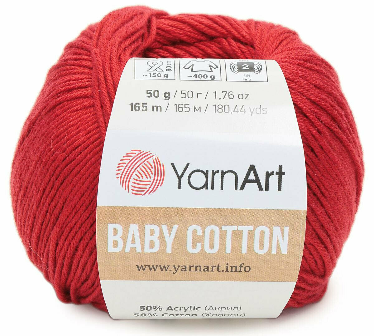 Пряжа YarnArt Baby Cotton -2 шт, 427 красный, 165 м/50 г, 50% хлопок, 50% акрил /ярнарт беби коттон/