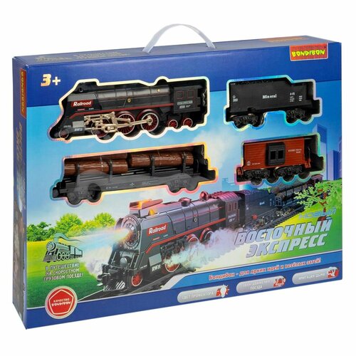 фото Железная дорога bondibon "восточный экспресс", локомотив с тремя вагонами, свет, звук, дым, аккумуля no brand