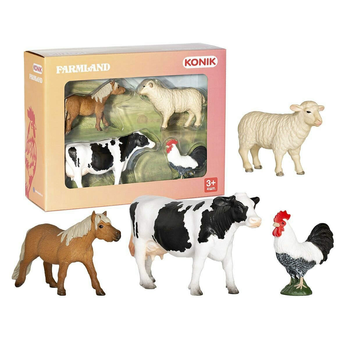 Набор фигурок KONIK Животные фермы: петух, овца, пони, корова