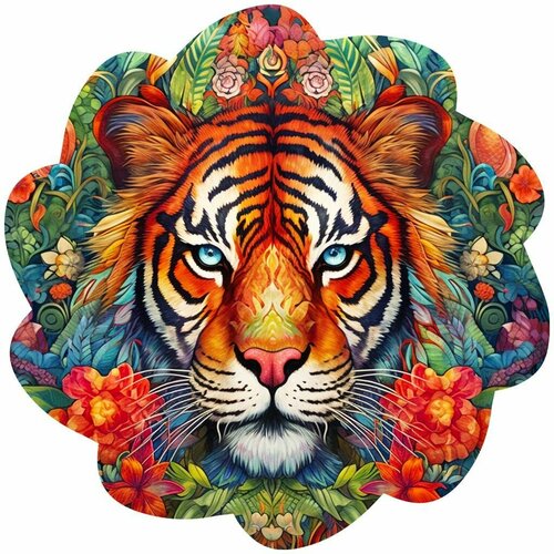 фото Деревянный пазл boberbox "тигр в цветах", флора, 224 деталей
