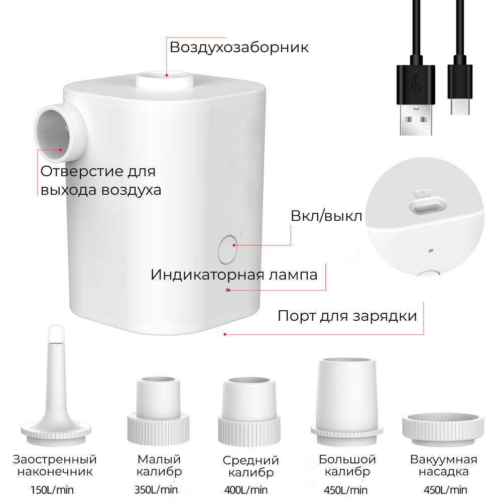 Вакуумный насос GIGA Pump mini Air 2 в 1, мощный, легкий и портативный, для надува матраса, ватрушки - фотография № 4