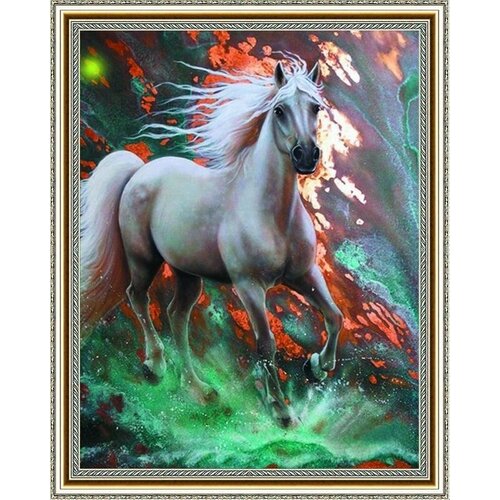 Алмазная мозаика на подрамнике 40х50 полная выкладка. Белая скачущая лошадь