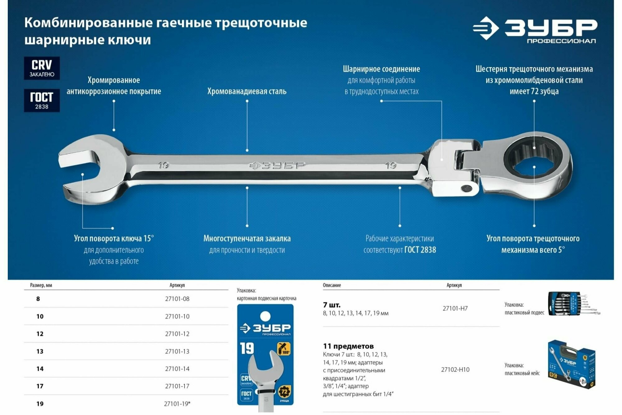 Комбинированный трещоточный шарнирный гаечный ключ ЗУБР - фото №12