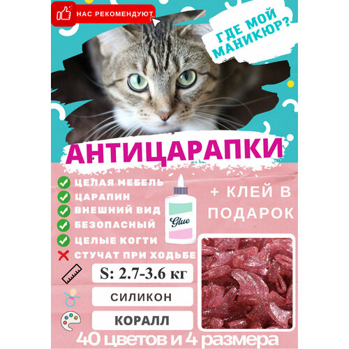 Антицарапки размер S- вес 2,7-3,6 кг антицарапки б2 колпачки д кошек на когти 40шт цв оранжевый