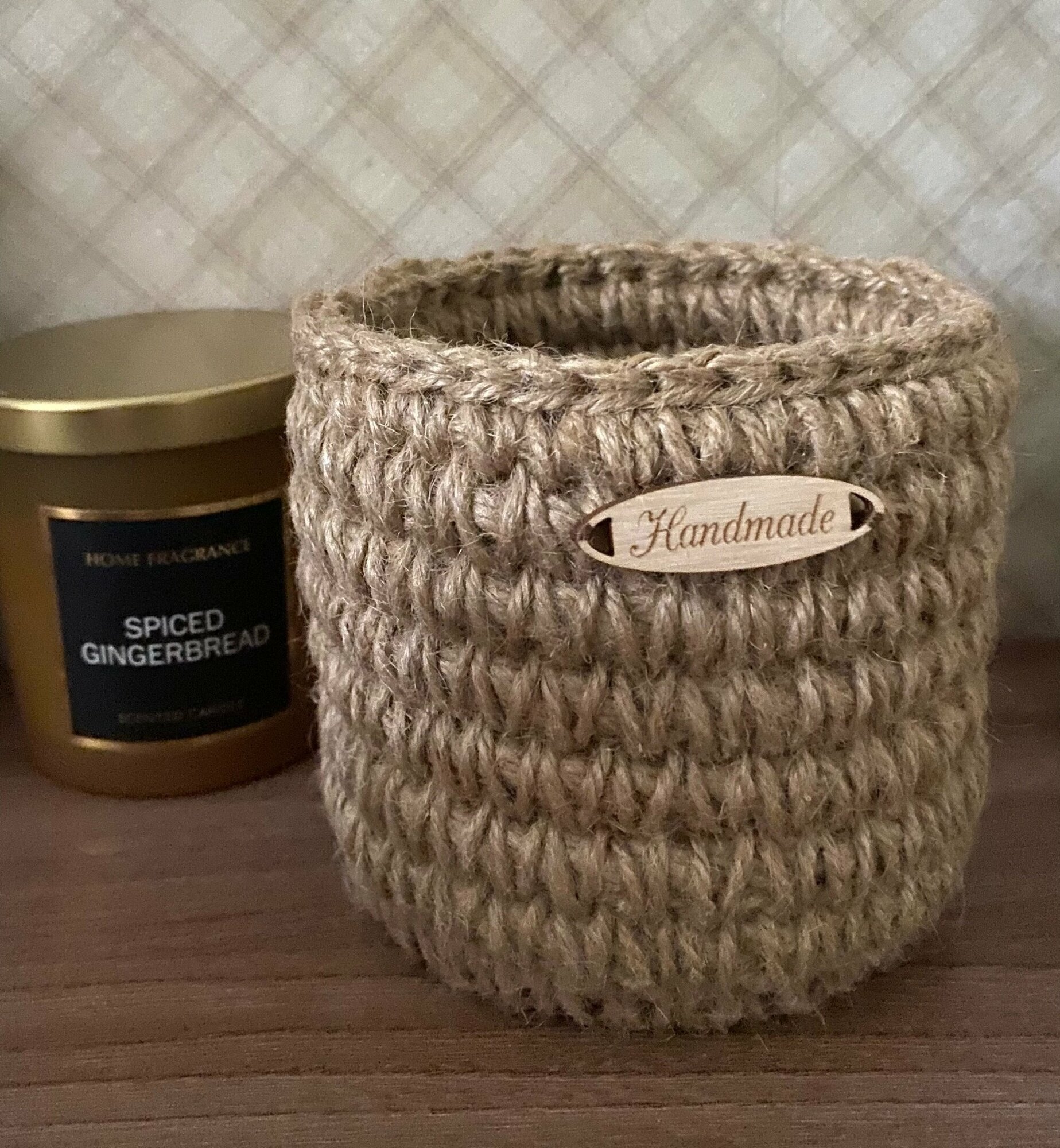 фото Вязаная корзинка из джута, круглая, джутовая корзина, органайзер