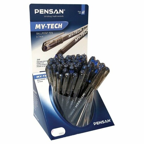 Ручка шариковая масляная Pensan My-Tech, узел-игла 07 мм, чернила синие + дисплей 60 шт