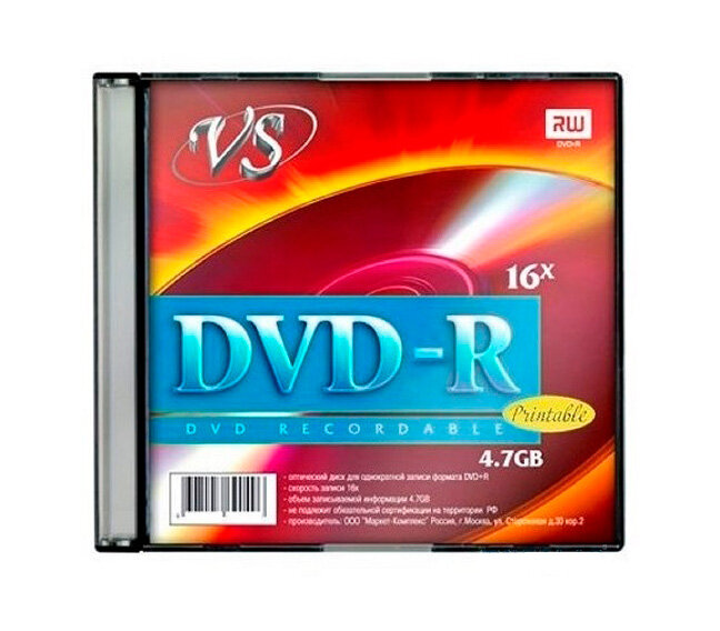 Диск VS DVD-R 4.7 GB 16x Slim Ink Print, 5 шт.