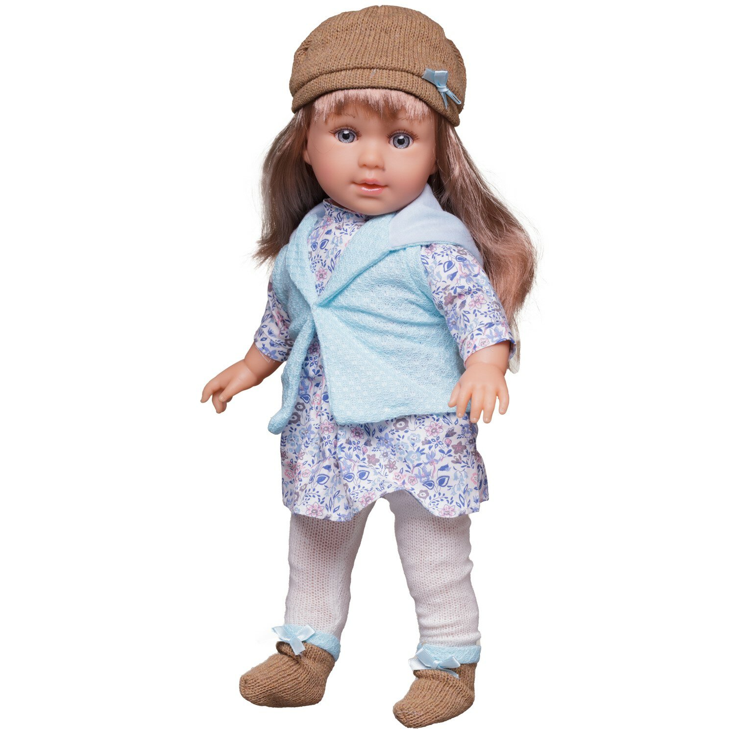 Кукла Junfa в теплой одежде: в бело-голубом платье, голубом жилете, темном шапке 45 см WJ-30114