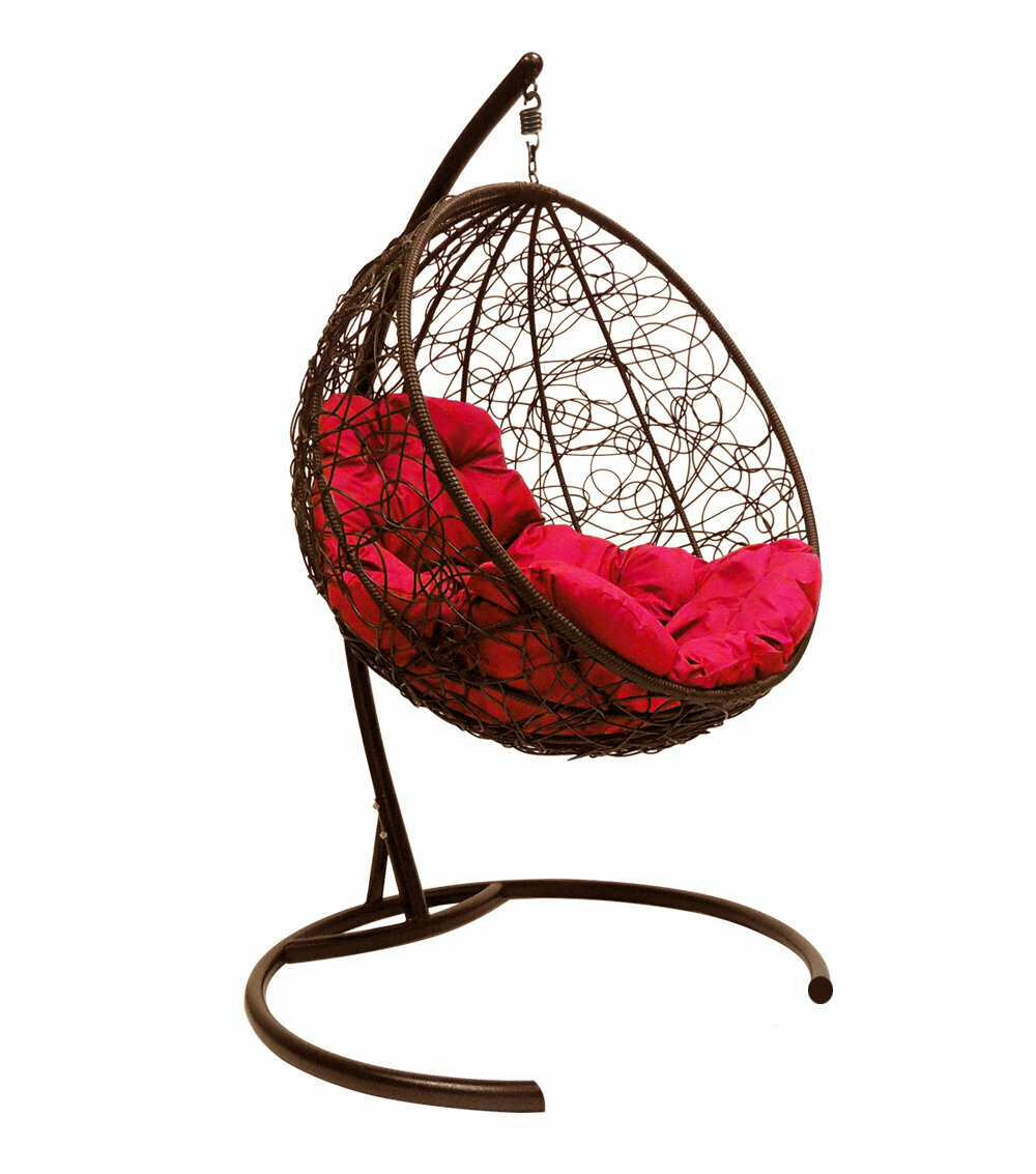Подвесное кресло круг с ротангом коричневое, красная подушка - фотография № 2
