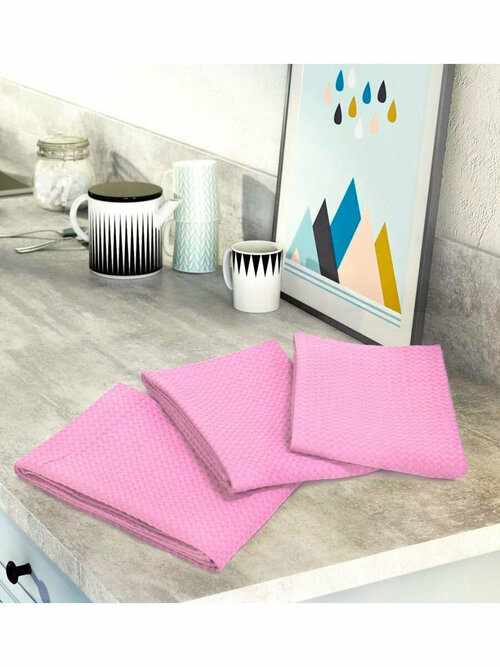 Комплект вафельных полотенец (3 шт) розовый Elin (розовый), Комплект полотенец (3 шт)