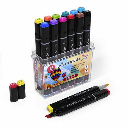 Набор художественных маркеров для скетчинга Artisticks Brush Bright, 12 цветов, наконечники: кисть и скошенный, 1-6 мм