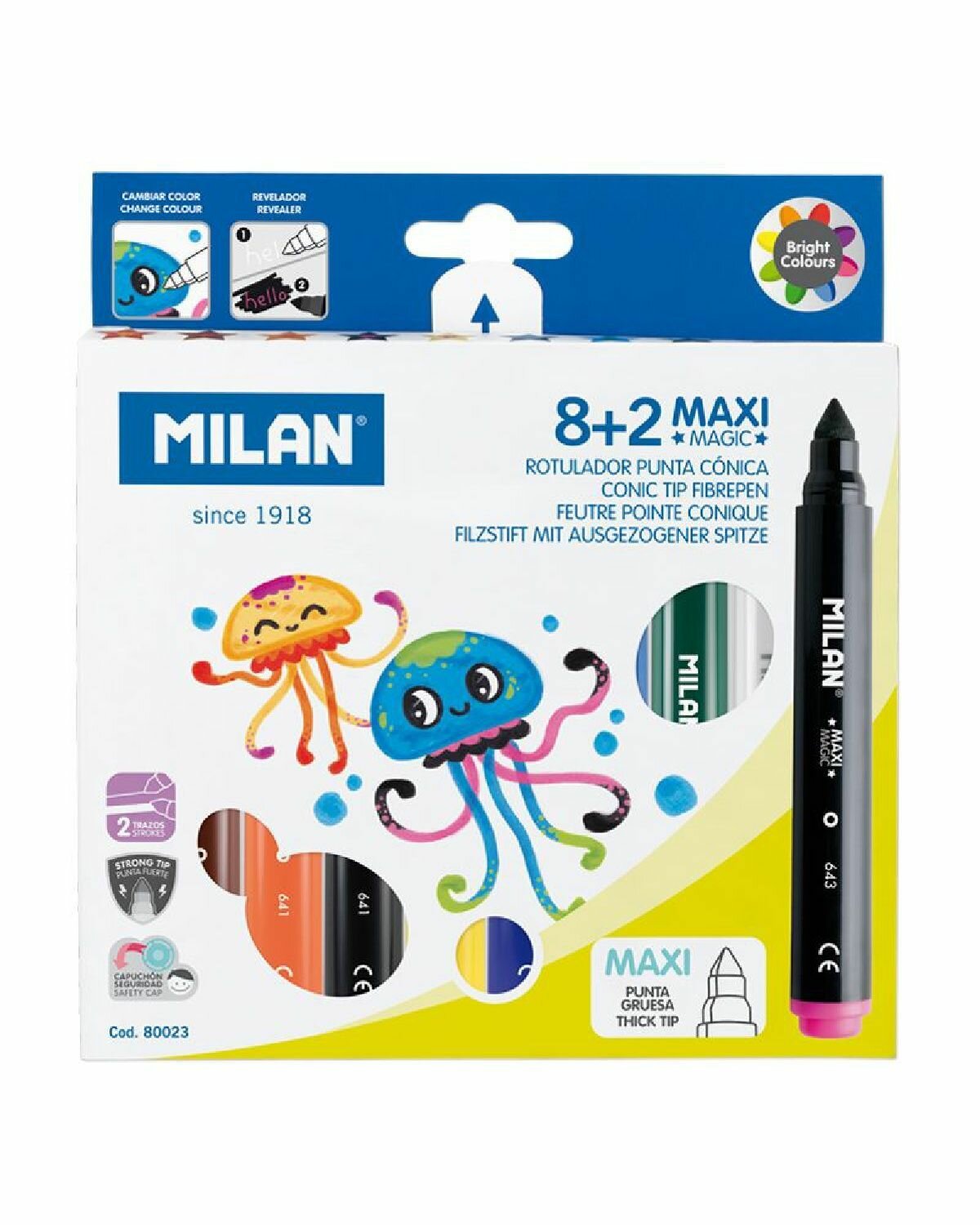 Набор фломастеров MILAN MAXI MAGIC на водной основе 8 цветов + 2 фломастера меняющие цвет в картонной упаковке