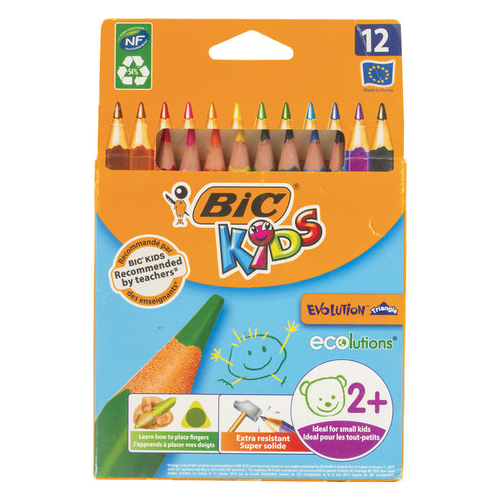 Карандаши цветные утолщенные BIC Kids Evolution Triangle, 12 цветов, пластиковые, трехгранные, картонная упаковка, 8297356, 2 упаковки карандаши чернографитные bic evolution triangle 4 шт