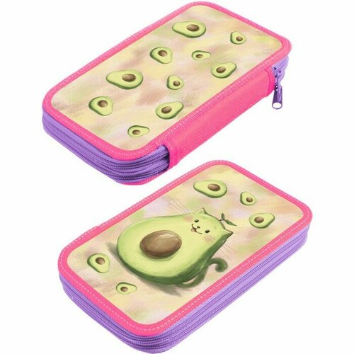 Пенал 2 секции, 125 х 205 х 40 мм, Calligrata 30П26/2 "Авокадо-кот", ламинированный картон фиолетовый, бежевый, розовый, сиреневый