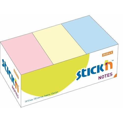 Бумага для заметок с клеевым краем STICK'N HOPAX, 38*51 мм, 12 блоков по 100 л, 3 пастельных цвета