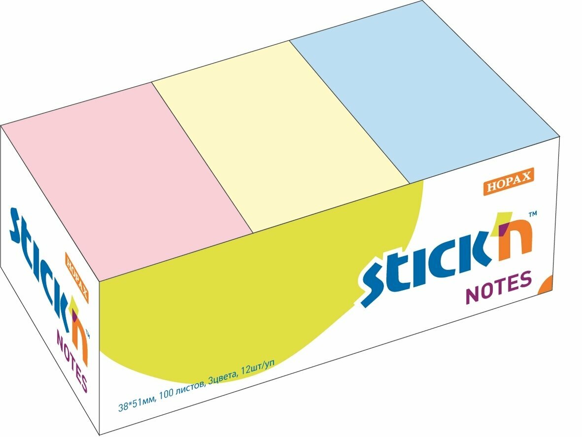 Бумага для заметок с клеевым краем STICK'N HOPAX, 38*51 мм, 12 блоков по 100 л, 3 пастельных цвета
