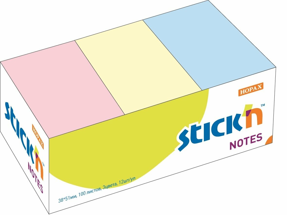 фото Бумага для заметок с клеевым краем STICK'N HOPAX, 38*51 мм, 12 блоков по 100 л, 3 пастельных цвета