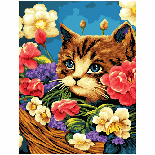 Картина по номерам на холсте ТРИ совы Котенок в цветочной корзине, 40*50, с акриловыми красками и кистями (арт. 358776)