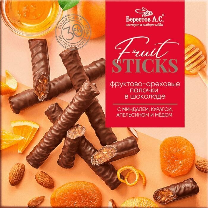 Фруктово-ореховые палочки в шоколаде Fruit Stiсks с курагой, миндалём, апельсином и мёдом, 175г - фотография № 4