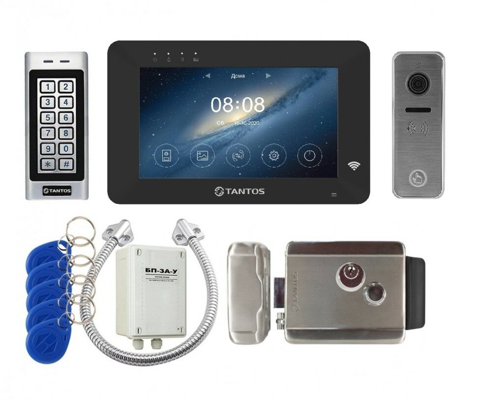 Комплект видеодомофона для дома Tantos Rocky HD Wi-Fi (черный) и iPanel2 HD c замком и кодонаборной панелью