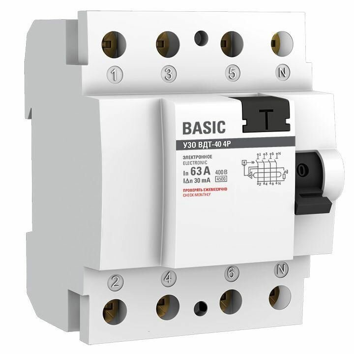 Выключатель дифференциального тока (УЗО) 4п 63А 30мА тип AC Basic электрон. EKF elcb-4-63-30e-sim - фотография № 1