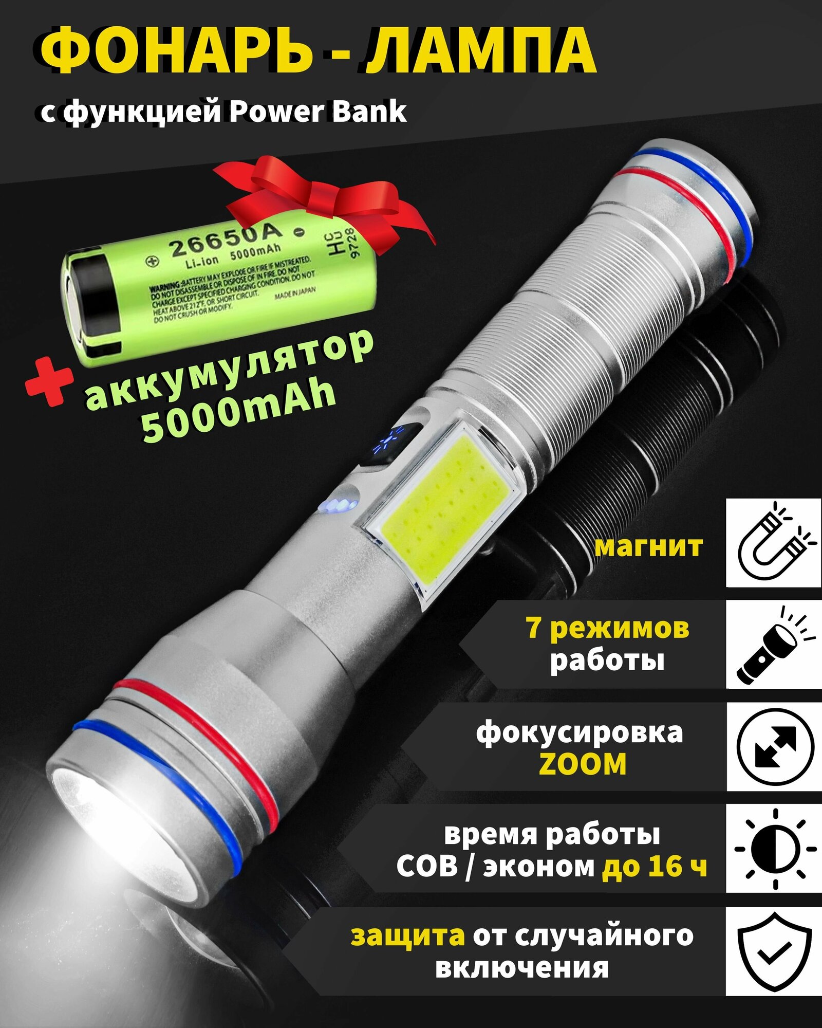 Фонарь-лампа лазерный диод Laser Wick PM10-TG для охоты, рыбалки, ручной аккумуляторный, тактический фонарик, Power-Bank / с магнитом / Type-C USB