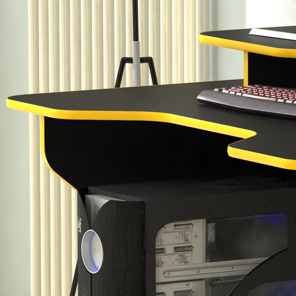 Компьютерный стол Kraftemeb СК-03.4 черный/кант желтый с надстройкой и выкатной подставкой для системного блока - фотография № 3