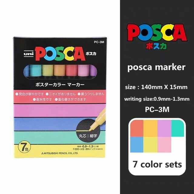 Маркеры UNI Posca PC-3M набор из 7 пастельных цветов толщина 0,9-1,3мм