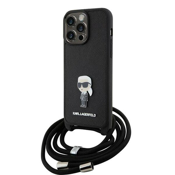 фото Karl Lagerfeld для iPhone 15 Pro Max чехол Crossbody PU Saffiano NFT Karl Ikonik Metal Hard Black