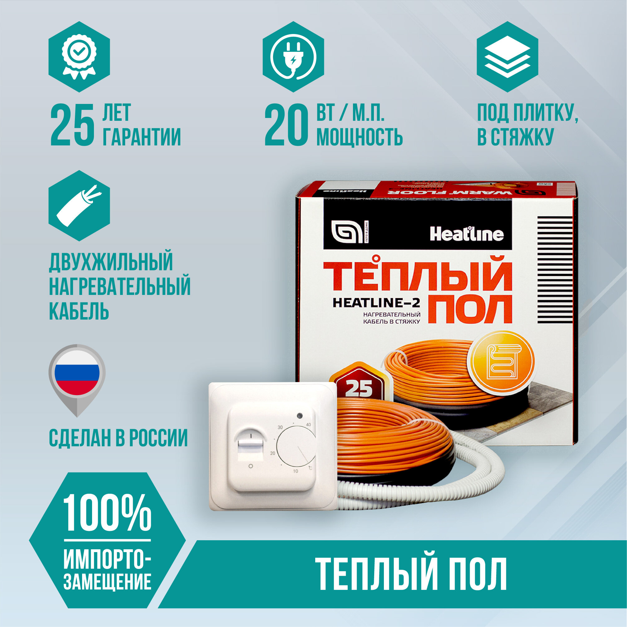 Теплый пол с терморегулятором HEATLINE-2 греющий кабель 5 м. п