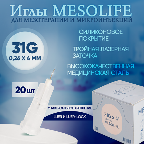 Изображение товара Иглы для мезотерапии 31G 0,26 х 4 мм, 20 шт, Mesolife
