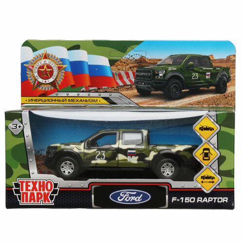 Машина металл Технопарк Ford F150 Raptor 12см, двери, багажник открываются, инерционная камуфляж