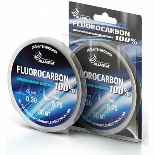 леска монофильная allvega fluorocarbon hybrid 30м 0 25мм 7 31кг флюорокарбон 65% Флюорокарбон Allvega FX FLUOROCARBON 100% 0.25мм (30м) (7,16кг)(прозрачная)