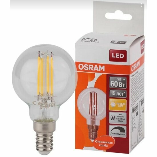 Светодиодная лампа LEDVANCE-OSRAM OSRAM FIL PCL P60DIM 5W/827 220-240V CL E14 520lm 15000h