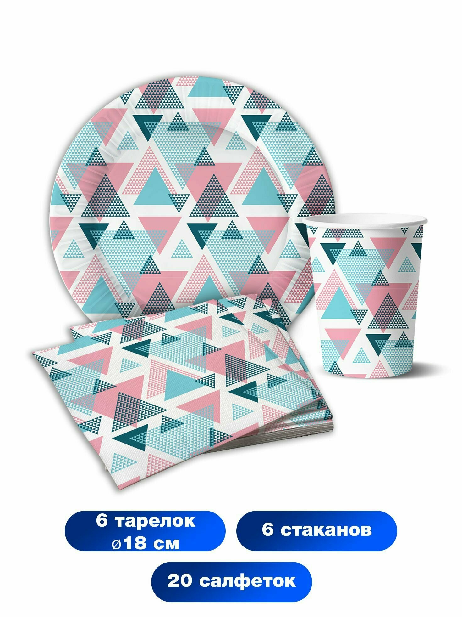 Набор одноразовой бумажной посуды для праздника ND Play / Геометрия (тарелка 18 см, стакан, по 6 шт. + салфетки 20 шт.) - фотография № 2