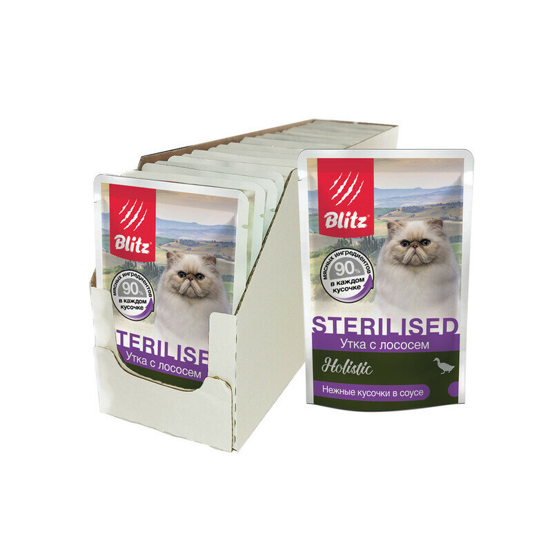 Консервы для стерилизованных кошек и кастрированных котов BLITZ Holistic Утка с Лососем кусочки в соусе пауч 85 г Х 24 шт