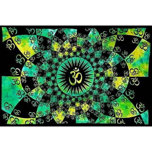 Панно хлопковое гобелен покрывало из Индии черно-зеленое Ом 210см на 140см 18 1500₽