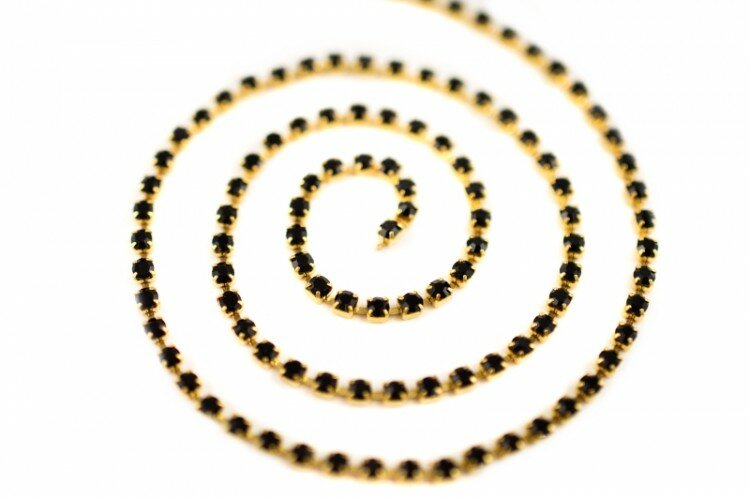 Стразовая цепь звено 20х20мм цвет черный/золото латунь 47-024 50см (около 160 страз)