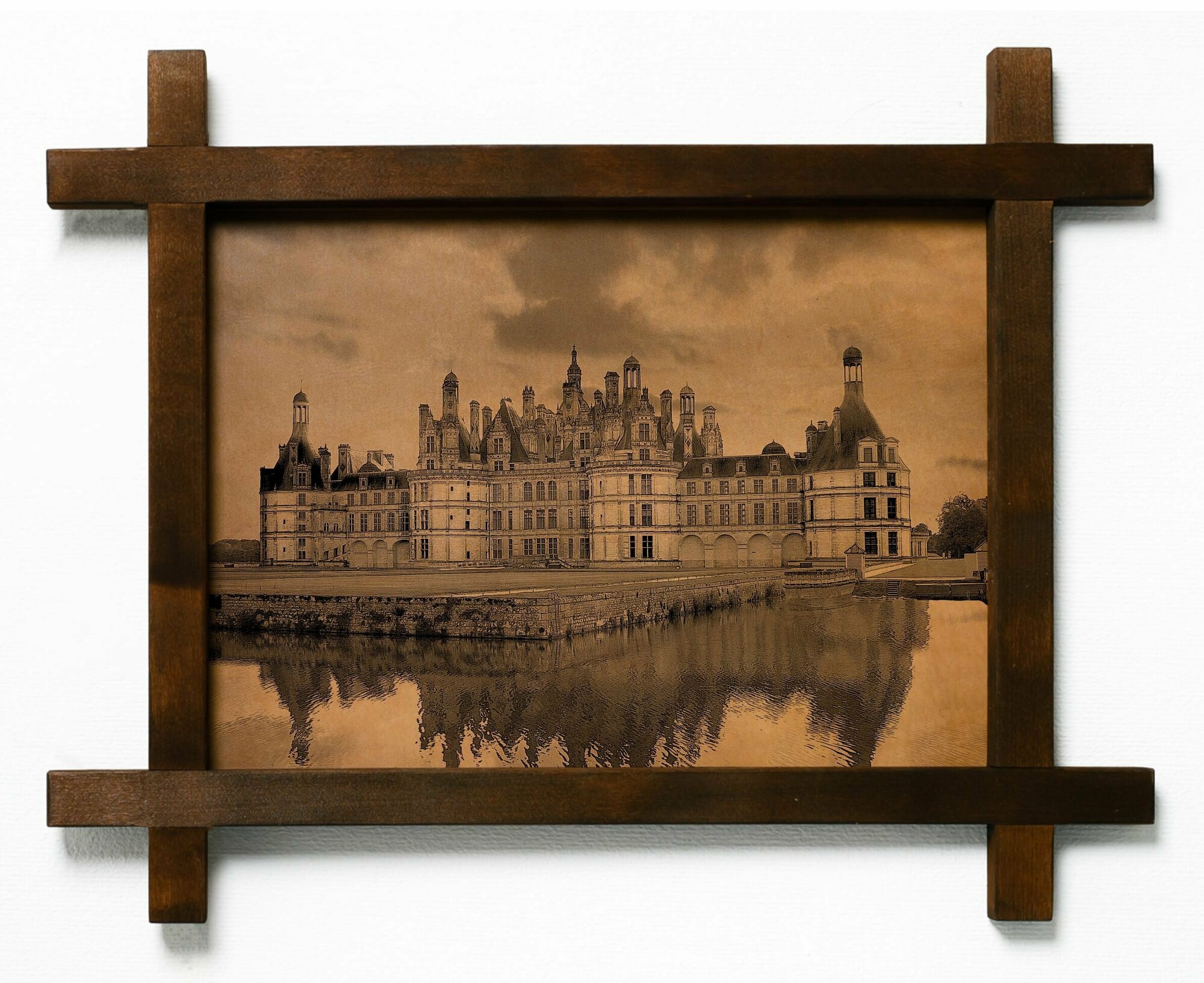 Картина Замок Шамбор, Франция, гравировка на натуральной коже, в деревянной раме, подарок, BoomGift