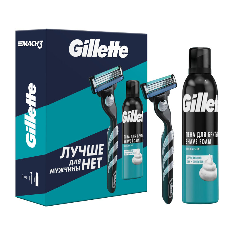 Подарочный набор GILLETTE MACH3 бритва с 1 кас, пена д/бр чувст. Алоэ 200мл