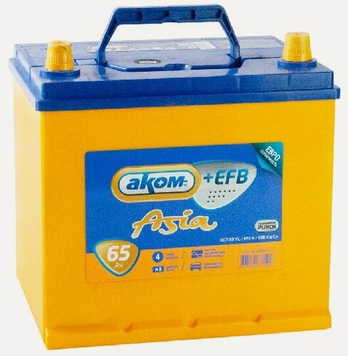 Изображение товара Аккумулятор автомобильный АКОМ (Akom) ASIA EFB 65 А/ч 700 А обр. пол. Азия авто (232х173х225) 75D23L с бортиком