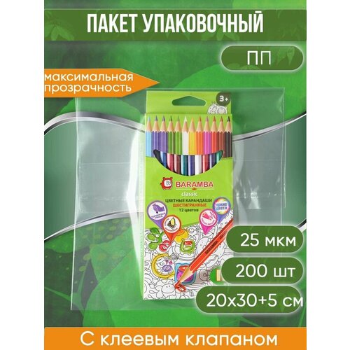 Пакет упаковочный ПП с клеевым клапаном, 20х30+5 см, 25 мкм, 200 шт.