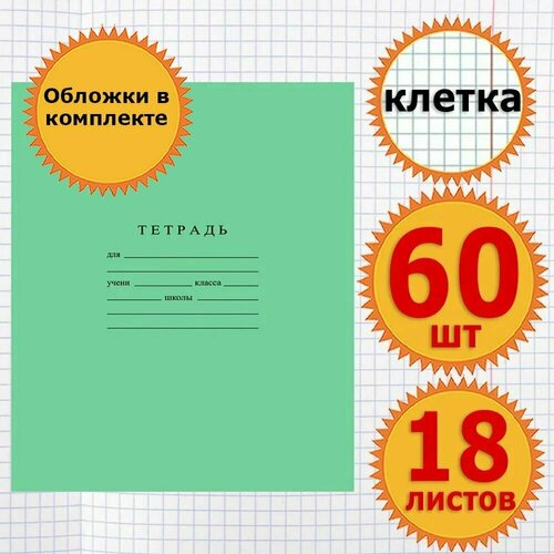 Тетрадь школьная для учебы в клетку 18 листов с обложкой 60 мкр Комплект 60 штук Классика, клетка, Зеленая