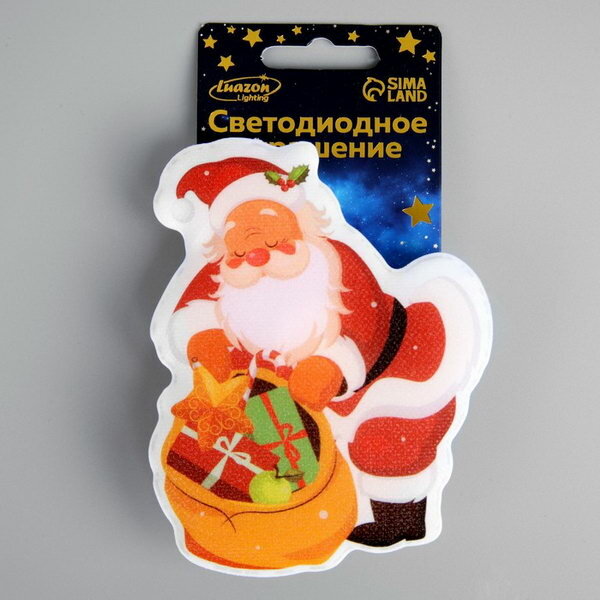 Светодиодная игрушка на липучке "Дед Мороз с подарками" 9 x 10 см, батарейки LR44х3, свечение мульти