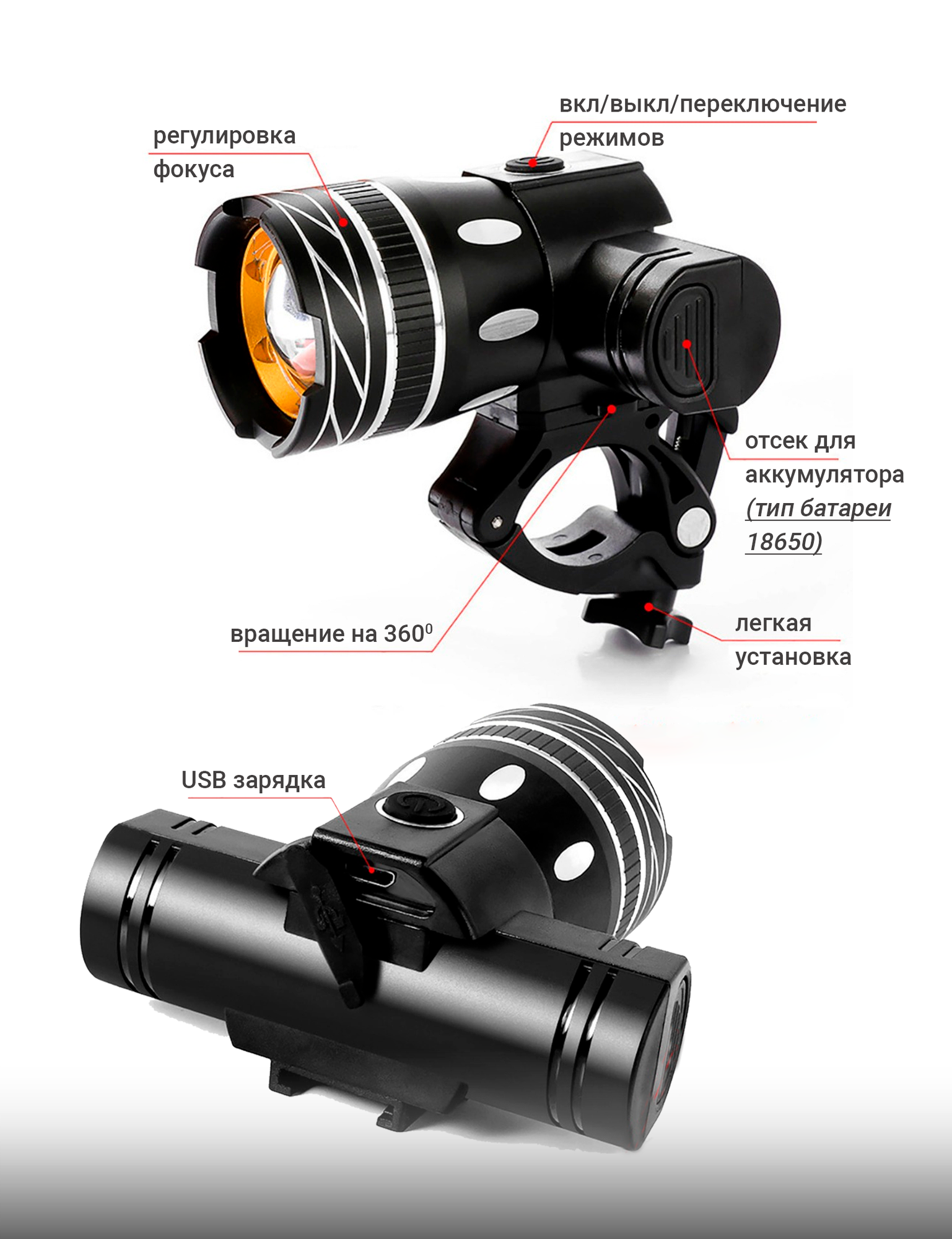 Фонарь передний яркий велосипед электросамокат объектив Beng Guo, зарядкой от microUSB, аккумулятор 1200