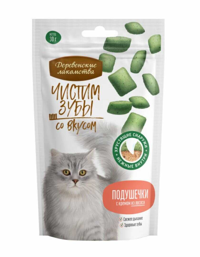 фото Подушечки для кошек Деревенские лакомства "Чистим зубы" с кремом из лосося 30 г