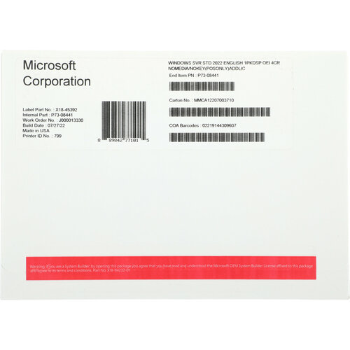 ПО Microsoft Windows Svr Std 2022 Eng 1pkDSP OEI 4Cr NoMedia/NoKey(POSOnly)AddLic (P73-08441)