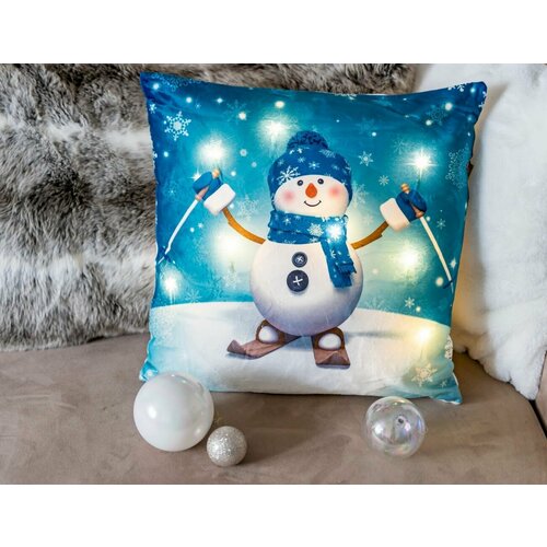 Светящаяся подушка вдохновляющий снеговик, 8 тёплых белых LED-огней, 45х45 см, батарейки, Peha Magic