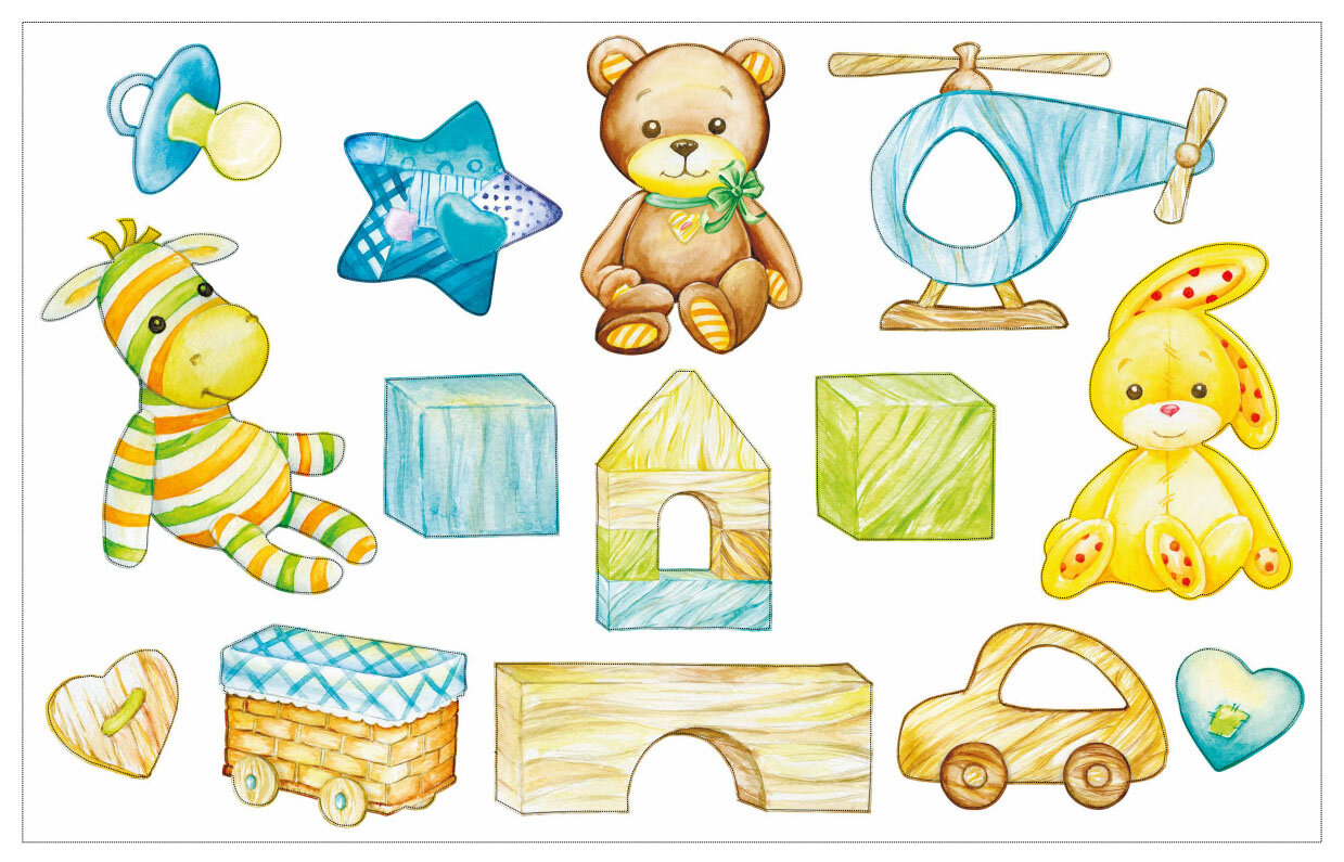 Детская интерьерная наклейка "Игрушки и кубики 2"/ Набор интерьерных наклеек на стену, мебель/ Наклейки для декора детской комнаты