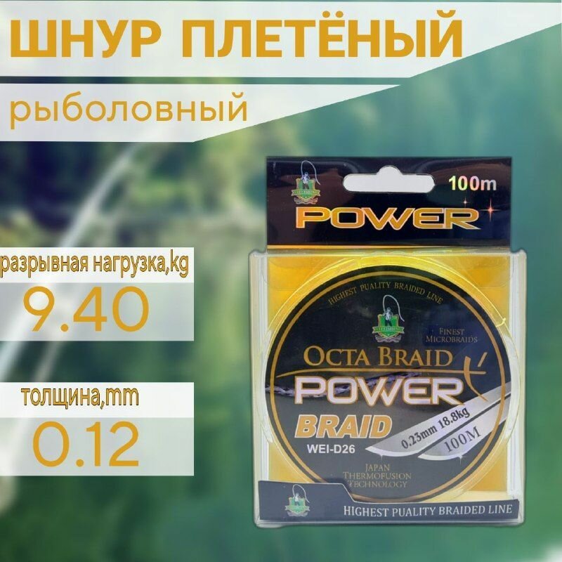 Плетеный шнур для рыбалки 100м Power Braid 0.12 мм 9.40 кг / плетеная леска